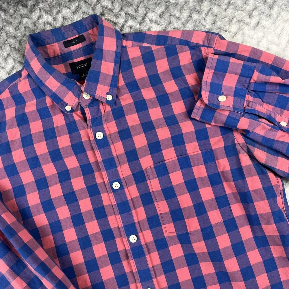 J Crew‎ Shirt Mens M Red(Pink)Blue Gingham Check Slim Untucked Stretch Button